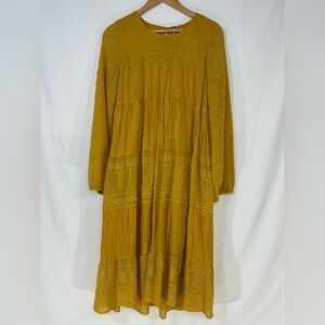 Free People Women's Gemma Midi Dress In Mustard Yellow Small Boho Layered Eyelet
